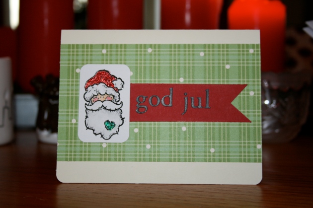 Julkort 2013 - grönt kort med tomte och god jul tag